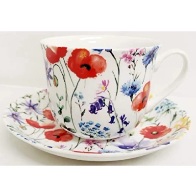 Image of Wildflowers Meadow Breakfast Cup &amp; Saucer Fine Bone China Large Big Hand Decorated in UK