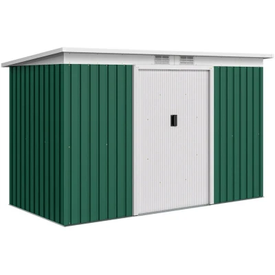 Image of Outsunny 9ft x 4ft Metal Garden Shed, Outdoor Tool House with Foundation Kit, Ventilations and Double Doors, Deep Green