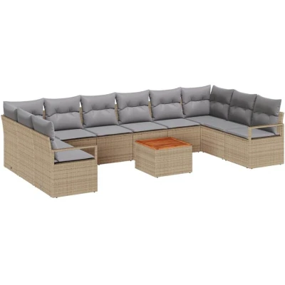 Image of vidaXL 11 Piece Garden Sofa Set with Cushions Beige Poly Rattan Acacia