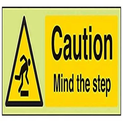 Image of V Safety 63033AX G Glow In The Dark Caution Mind Step Sign 300mm x 100mm Rigid Plastic, Black