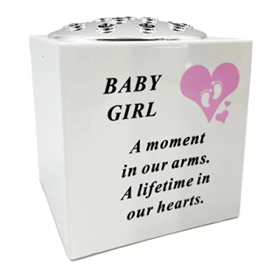 Image of Angraves Born Sleeping Pink Little Girl Baby Memorial Graveside Plastic Flower Vase Container White and Silver