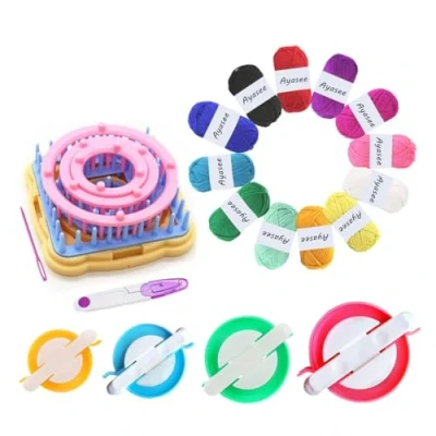 Image of Ayasee Flower Loom, Knitting Weaving Loom Kit, Frame Looms, Wool, Round/Square Looms Craft Kit (Flower Maker + Pom Yarn)