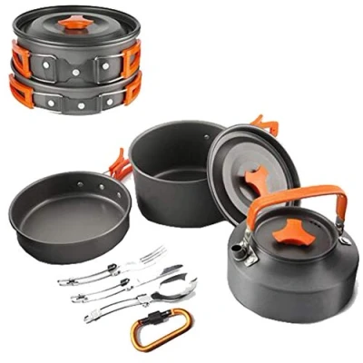 Image of Rengzun Outdoor Camping Pans Pots Kettle Kit Lightweight Stackable Backpacking Cookware Set for Hiking Trekking Picnic Fishing Mountaineering