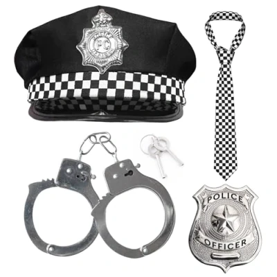 Image of 4pc Police Fancy Dress Accessories Adult Costume with Hat, Badge, Tie and Handcuffs Halloween Men or Women
