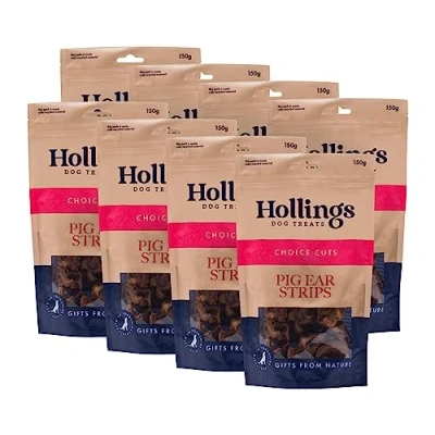 Image of Hollings Pig Ear Strips Dog Treats, 100% Natural Air Dried Long Lasting Chews for Adult Dogs, Grain Free &amp; High in Protein 150g (Pack of 8)
