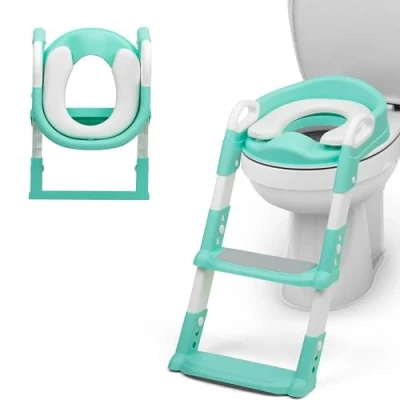 Image of Crystals Portable Toddler Potty Training Seat with Step Foldable Child Toilet for Boys &amp; Girls, Comfortable Ladder, Anti Slip Design Kids Training, Easy Up (Sea Green)