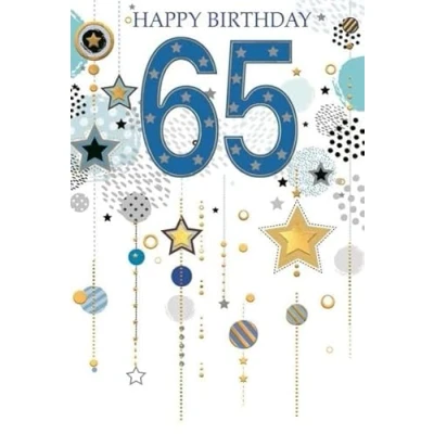 Image of Age 65 Male Birthday Card Blue Numbers Stars and Spots Gold Foil 7.75x5.25