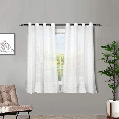 Image of Melodieux 2 Panel Faux Linen Voile Net Curtains Semi Sheer Ring Top Drapes for Bedroom, Living Room, Window White, 55 x 54 inch drop (140 137cm)