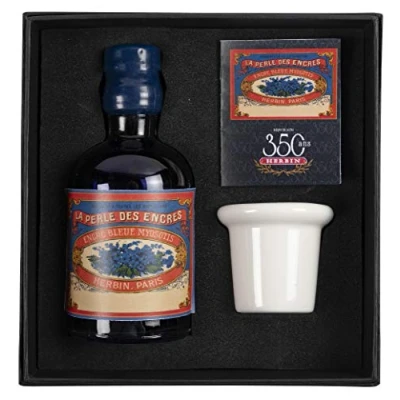 Image of Jacques Herbin Ref 27915T 100ml Bottle of &#039;Special 350 Years&#039; Ink with Inkwell Box &amp; Porcelain Bleu Myosotis / Forget Me Not Blue Coloured