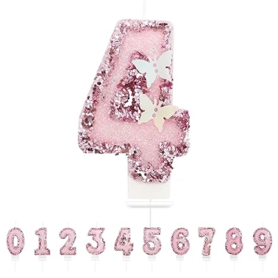 Image of Number 4 Candle,Pink Butterfly Birthday Candles for Girl,Cake Topper Decoration Girls Party