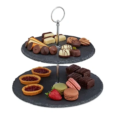 Image of Relaxdays Serving Stand, 2 Tiers, Slate, Afternoon Tea, Cakes &amp; Snacks, Fruit, Étagère, HxØ 23 x 25 cm, Grey/Silver