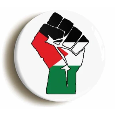 Image of Ozorath PALESTINE SOLIDARITY FIST BADGE BUTTON (Size is 2inch/50mm diameter) PALESTINIAN FLAG