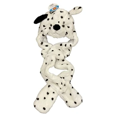 Image of Drew Brady Kids Faux Fur Animal Head Long Trapper hat Hood Scarf Snood with Built in Mitten Covers (Dalmatian Dog), 4 13 Years