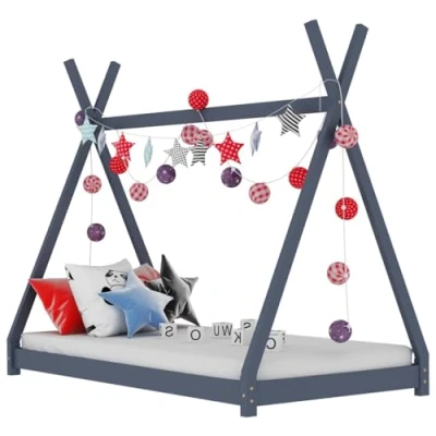 Image of vidaXL Kids Bed Frame with Tipi Style Tent Design and Solid Pinewood Construction, Grey, Ideal for Children&#039;s Bedroom, Suited 80x160 cm Mattresses