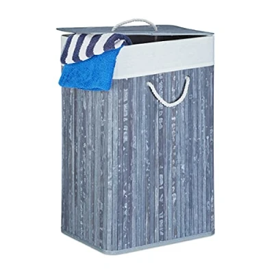 Image of Relaxdays Bamboo Square Laundry Hamper, 65.5 x 43.5 33.5 cm, Folding Basket, 83L, Rectangular, Grey