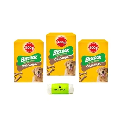 Image of Biscrok Original GRAVY BONES Dog Treats, 3 x 400g With BRITSHOP Poop Bag