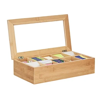 Image of Relaxdays Bamboo Tea Box, 10 Compartments, Large, Sturdy, Versatile, Functional, Sustainable, Flavour Preserving, Window, Natural