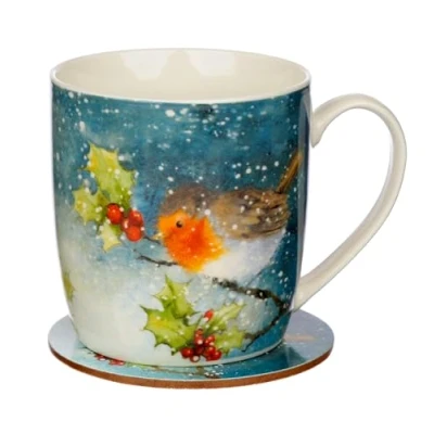 Image of Puckator Jan Pashley Christmas Robin Porcelain Tea Coffee Mug &amp; Coaster Set Funny Home Accessories Cute Gifts for Girlfriend Large Mugs Men Women Hot Drinks Cups Presents Secret Santa Gift