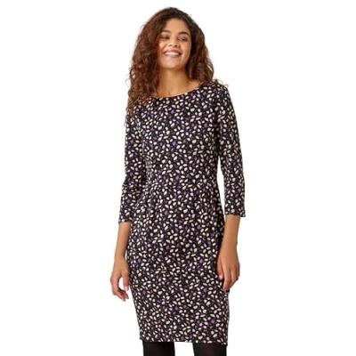 Image of Roman Womens Leaf Print Pleat Detail Shift Dress Purple Size 20 UK