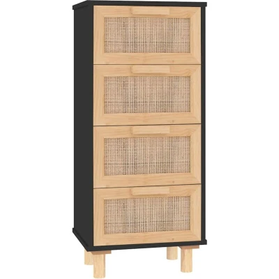 Image of vidaXL Black Sideboard with Natural Rattan Weaving Solid Pine Wood and Engineered 4 Drawer Storage Cabinet for Living Room Bedroom Scandinavian Style