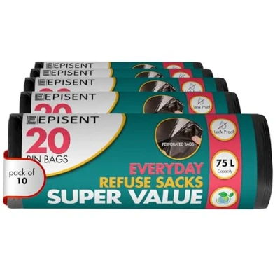 Image of EPISENT Heavy Duty Refuse Sack Black 72x85 cm 75 L Kitchen Bin Liners liner bags Strong Waste Dustbin (200)