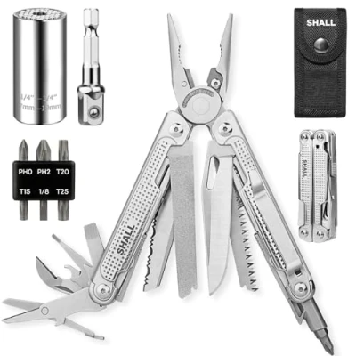 Image of SHALL Multi Tool, 18 in 1 Multitool Pliers, Stainless Steel Tool Pocket Knife w/Screwdriver Bit &amp; Universal Socket, Self Locking Multipurpose w/Sheath for Camping Fishing Survival Hunting