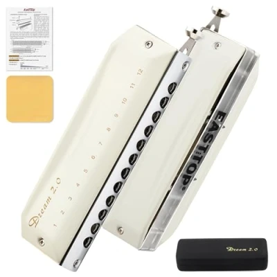 Image of EAST TOP Chromatic Harmonica Key of C,12 Holes 48 Tones Professional Mouth Organ Dream for Adults, Professionals and Students,WHITE