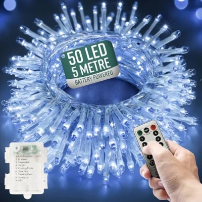 Image of GloBrite Garden Fairy Lights Battery Operated 50 LED String with Remote 8 Lighting Modes Indoor &amp; Outdoor Bedroom Aesthetic (Cool White LED)