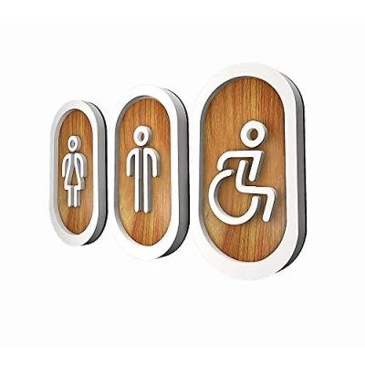 Image of DOJA Barcelona Toilet Door Sign Acrylic Sticker Ladies+Gentlemen+Disabled White Wood Brown 180x100mm Ø Adhesive Male Female WC Signage Board Wall Bathroom Plaque Decor Man Woman Signs