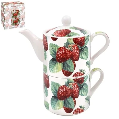 Image of LESSER &amp; PAVEY Ceramic Tea for One Single Serve Set Strawberry Field Fruit Summer Design