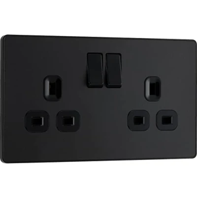 Image of BG Electrical Double Switched Power Plug Wall Socket, Screwless, Evolve, Matt Black, 13A, PCDMB22B