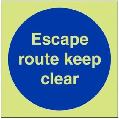 Image of V Safety Glow In The Dark Escape Route Keep Clear Sign 150mm x Self Adhesive Vinyl