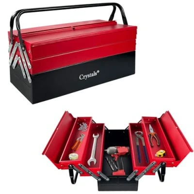 Image of Crystals 3 Tiers 5 Trays Metal Tool Box, Cantilever Organiser Storage Box for Garage Home Tools, Toolbox Red (47 x 32 20cm)