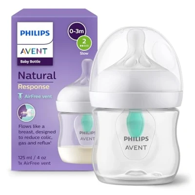 Image of Philips Avent Natural Response Baby Bottle 125ml Milk with AirFree Vent, BPA Free for Newborn Babies Aged 0 Months+ (Model SCY670/01)