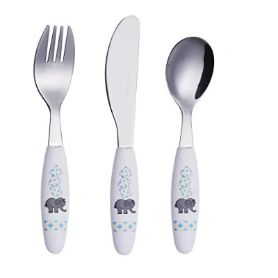 Image of Exzact Children&#039;s Cutlery Stainless Steel 3pcs Set/Kids Cutlery/Toddler Utensils/Flatware 1 x Fork, Safe Dinner Knife, Spoon (Elephant 3)