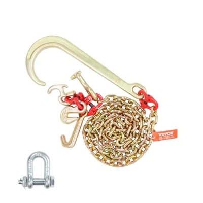 Image of VEVOR J Hook Chain, 5/16&quot; x 6&#039; G80 15&quot; Long Shank Tow Chain with RTJ Cluster &amp; Grab Hook, 5400 lbs Safe Working Load, Heavy Duty Transport Truck for Wrecker Recovery Trailer Towing