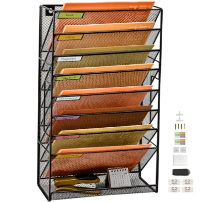 Image of PLSOPPKG 9 Tier Wall Mounted File Organizer, Hanging Holder, A4 Pocket Metal Mesh Magazine Rack, Mail Organizer Mount Upgrade