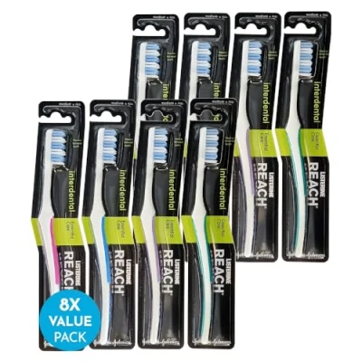 Image of REACH Essential Care Interdental Medium Toothbrush, Single Pack x 8, Full Head Hard Bristle Manual Toothbrushes, Variety Colors Multipack, Daily Oral Enamel Dental