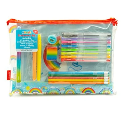 Image of abeec Rainbow Pencil Case with Stationery Included Stationary Sets for Girls Includes Gel Pens, A4 Notebook, Glitter Pen and Highlighters School Set