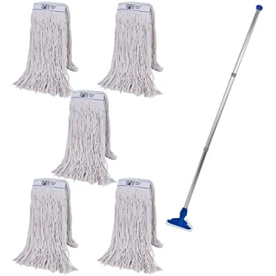 Image of Abbey Heavy Duty Professional Kentucky Mop Handle and Holder with 5 Heads (450g) Industrial Colour Coded to Avoid Cross Contamination Commercial for Cleaning Hard Floors Blue