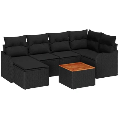 Image of vidaXL 7 Piece Garden Sofa Set with Cushions Black Poly Rattan Acacia