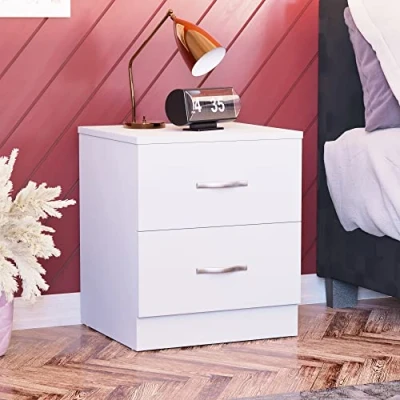Image of Vida Designs Large White Bedside Cabinet, 2 Drawer, Table, Metal Handles &amp; Runners