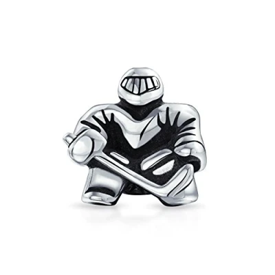 Image of Ice Goalie Sports Team Hockey Player Charm Bead For Women Teen Oxidized .925 Sterling Silver Fits European Bracelet