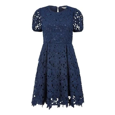 Image of Yumi Navy Lace Skater Dress with Puff Sleeves 12