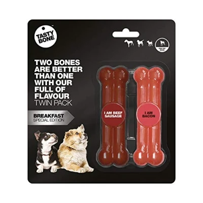Image of TastyBone Twin Pack Nylon Dog Chew Toys for Toy Dogs (Beef Sausage &amp; Bacon) Indestructible Aggressive Chewers, Everlasting Flavour, Strong Healthy Teeth, Made in the UK