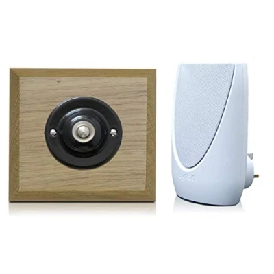 Image of Byron 100m Wireless Period Plug in Doorbell kit Push on Plinth (Honey 42 Black/BNickel)