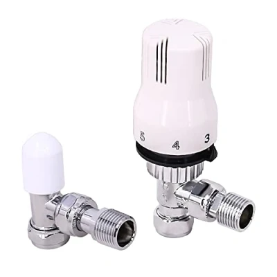 Image of Warmehaus Thermostatic Radiator Valve 15mm x 1/2&quot; Angled White Chrome Rad TRV + Lockshield