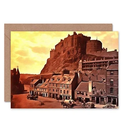 Image of Wee Blue Coo EDINBURGH CASTLE FROM THE GRASSMARKET 1904 BIRTHDAY BLANK GREETINGS CARD