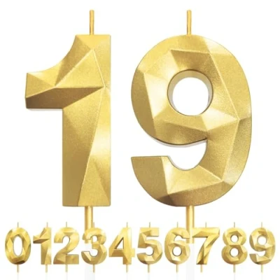 Image of 19th Birthday Candles, Number 19 Candle, Gold Candles for Cake, Diamond 3D Happy Cake Candle Decorations Party Wedding Anniversary Celebration Supplies