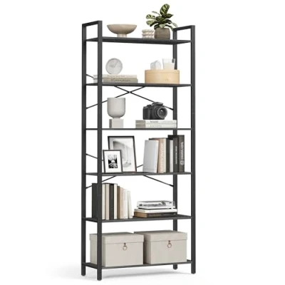 Image of VASAGLE 6 Tier Bookcase, Free Standing Shelf with Steel Frame, Freestanding Shelf, Living Room, Bedroom, Office, 30 x 80 186 cm, Industrial Design, Black Ebony Ink LLS082B56